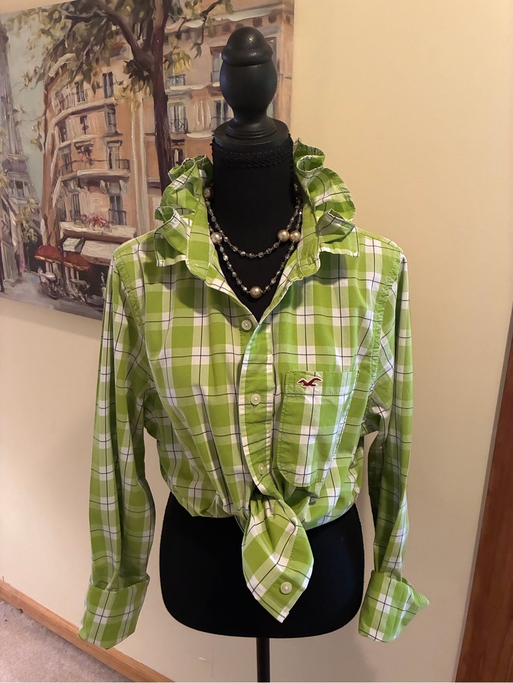 Hollister Lime Green and White Plaid Tie-Front Shirt